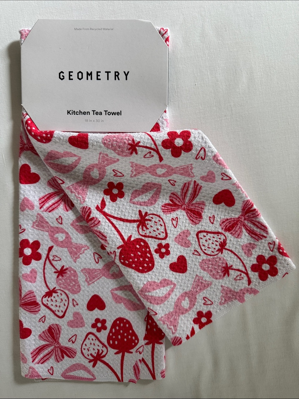 Tea Towel NWT, Pink & Red, Berries & Bows, Great for Gift, Sustainable/Recycled